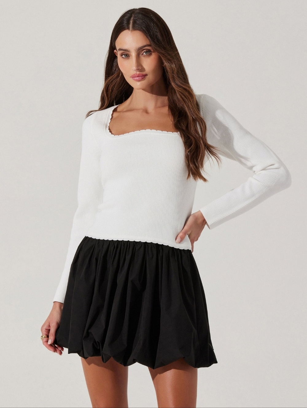 Astr The Label Scallop Trim White Ribbed Square Neck Top Small NWOT